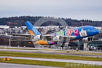 Emirates Airbus A380 takeoff with the Dubai Expo livery Editorial Stock Photo