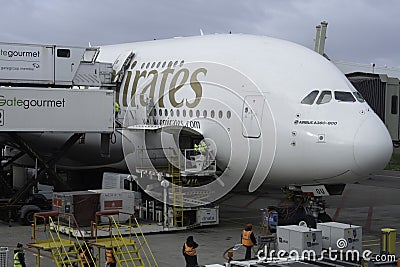 Emirates A380 aircraft being provisioned just before departure Editorial Stock Photo