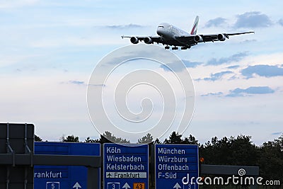 Emirates A380 plane landing on Frankfurt Airport, FRA Editorial Stock Photo
