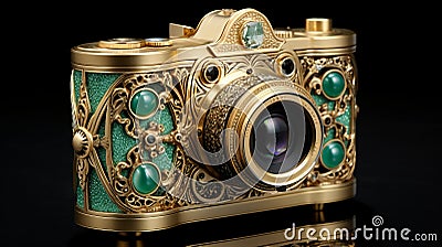 Exquisite Gold Camera With Intricate Green Detail And Fairytale-inspired Design Stock Photo