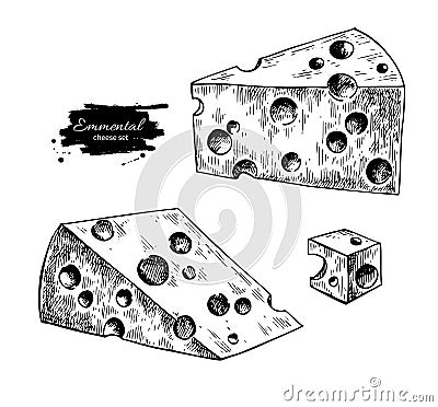 Emmental cheese drawing. Vector hand drawn food sketch. Engraved triangle slice and cube cut. Vector Illustration