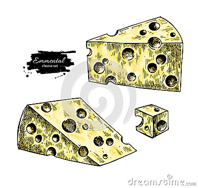 Emmental cheese drawing. Vector hand drawn food sketch. Triangle slice and cube cut. Vector Illustration