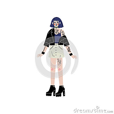 Emo Girl with Tattoo, Female Character Loving Her Body, Self Acceptance, Beauty Diversity, Body Positive Vector Vector Illustration