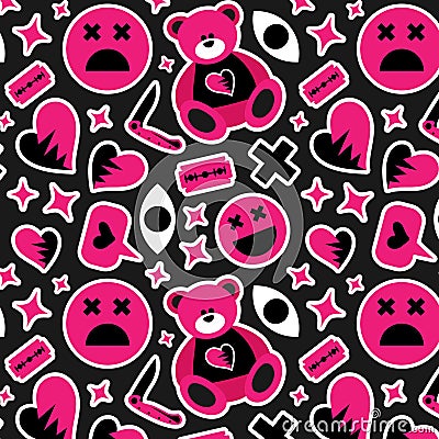 Emo pattern. Vector illustration with hearts, stars, eyes, teddy and psychedelic acid elements. Old 90s and 00s style Cartoon Illustration
