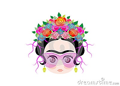 Emoji baby Frida Kahlo with crown of colorful flowers and glasses Vector Illustration