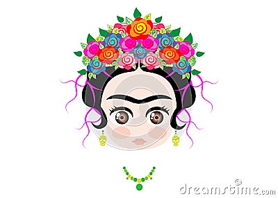 Emoji baby Frida Kahlo with crown of colorful flowers, isolated Vector Illustration