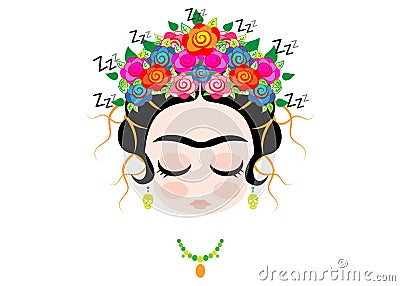 Emoji baby Frida Kahlo sleeping with crown and of colorful flowers, isolated Vector Illustration
