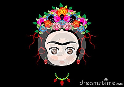 Emoji baby Frida Kahlo with crown of colorful flowers, isolated on black Vector Illustration