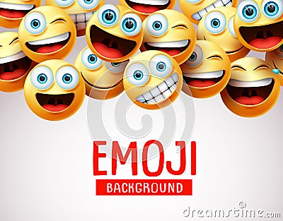 Emoji background vector template. Emoji background text with 3d realistic cute smiley emojis face. Vector Illustration