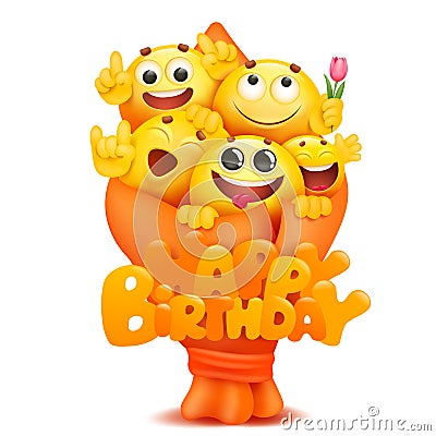Emoji bouquet with cartoon yellow smile face characters. Happy birthday card template Cartoon Illustration