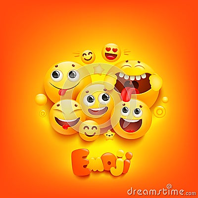 Emoji cartoon group smile character in 3d style on yellow background. Facial expression Cartoon Illustration