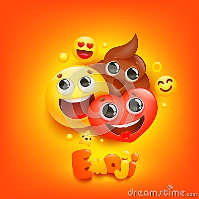 Emoji cartoon group smile, poop, herart characters in 3d style on yellow background. Facial expression Cartoon Illustration