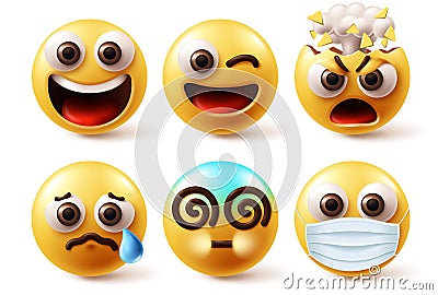 Emoji characters face vector set. Emojis emoticon icon character in smiling, happy face, winking, exploding angry Vector Illustration