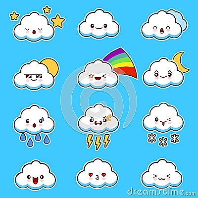 Emoji clouds vector. Cute smily clouds with faces vector set. Cartoon funny emoticon. Vector Illustration