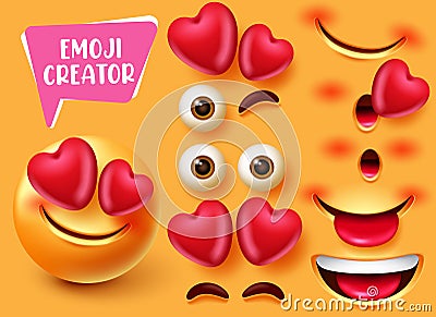 Emoji creator vector set design. Emoticon 3d in love and happy character with editable eyes, heart and mouth elements for cute. Vector Illustration