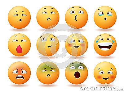 Emoji cute emoticons vector set design. Emoticon character faces with cross eyes, happy, smiling and angry reaction for emojis. Vector Illustration