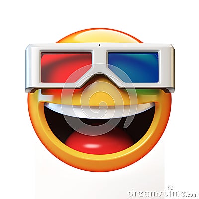 Emoji with 3d glasses isolated on white background, emoticon watching 3d movie, 3d rendering Cartoon Illustration