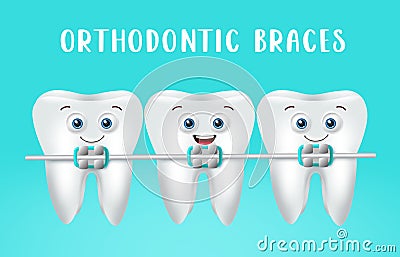 Emoji dental braces vector design. Emojis tooth with dental brace and crooked teeth character for clean and healthy oral health. Vector Illustration