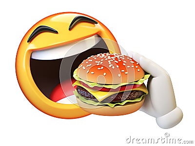 Emoji eating burger isolated on white background, hungry emoticon 3d rendering Cartoon Illustration