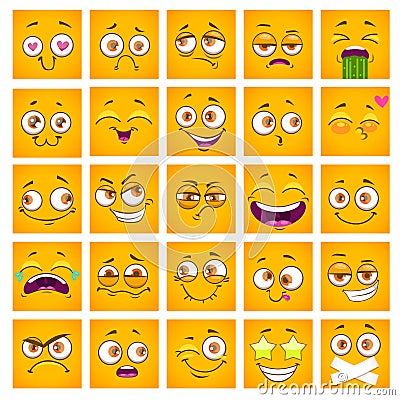 Emoji face. Funny square cartoon yellow faces set. Comic stickers collection. Vector Illustration