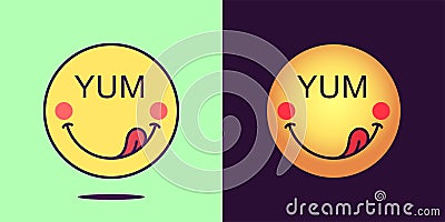 Emoji face icon with phrase Yum. Enjoyable emoticon with tongue and text Yum. Set of cartoon faces, emotion icon Vector Illustration