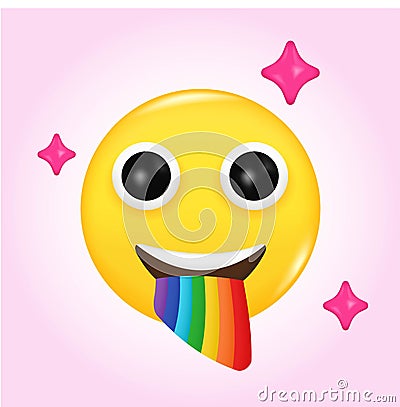 Emoji face joyful spews a rainbow from the mouth. Emoticon yellow glossy sticker. Realistic 3d design in plastic cartoon Vector Illustration