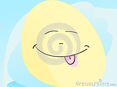 Emoji face with small closed eyes and its tongue playfully sticking out on big yellow sun shape on blue sky Vector Illustration