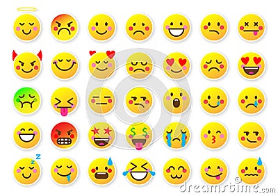 Emoji face sticker mood web badge yellow flat set Vector Illustration