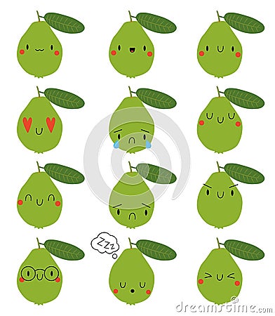 Set Kawaii Cartoon Guava. Vector Illustration EPS. Vector Illustration
