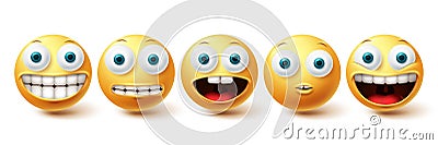 Emoji funny teeth vector set. Smiley icons and emoticon with funny and happy smile facial expressions Vector Illustration