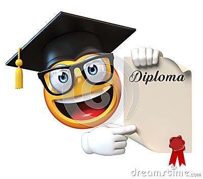Emoji graduate student isolated on white background,emoticon wearing graduation cap holding diploma 3d rendering Stock Photo