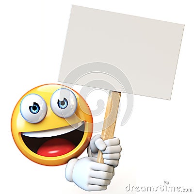Emoji holding blank board isolated on white background, emoticon advertiser 3d rendering Cartoon Illustration