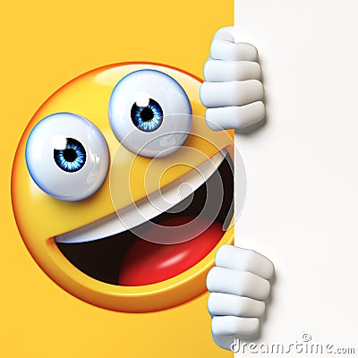 Emoji holding blank board isolated on white background, emoticon advertiser 3d rendering Cartoon Illustration