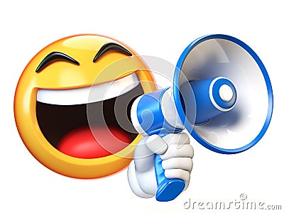 Emoji holding loudspeaker isolated on white background, emoticon holding megaphone 3d rendering Cartoon Illustration