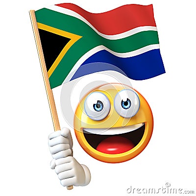 Emoji holding South African flag, emoticon waving national flag of South Africa 3d rendering Cartoon Illustration