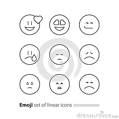 Emoji icons, emoticon symbols, face expression signs, minimalistic design Vector Illustration