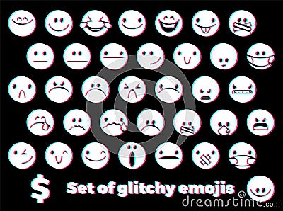 Emoji icons set with smiling face, angry face, masked and censored faces with glitch style Vector Illustration