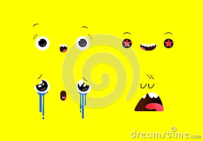 Emoji illustrations in different emotional states. Vector. Emotional face in kawaii style. Big eyes on a yellow fashionable backgr Vector Illustration