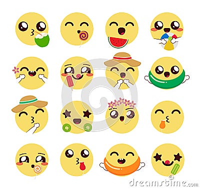 Emoji kawaii summer emoticon vector set. Chibi emojis in cute facial expression with summer desserts, fruits and objects. Vector Illustration