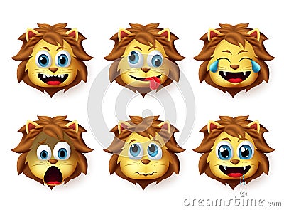 Emoji lion vector set. Lion animals emoji in happy and crazy facial expression. Vector Illustration