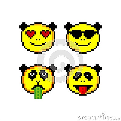 Emoji or panda emoticon face icon in pixel art. Vector Illustration