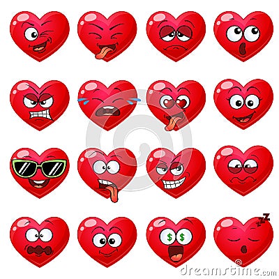 Emoji red hearts. Cute emoticons isolated on white background Vector Illustration