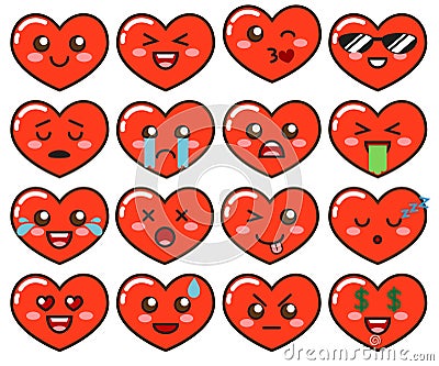 Emoji red hearts. Cute emoticons isolated on white background Vector Illustration