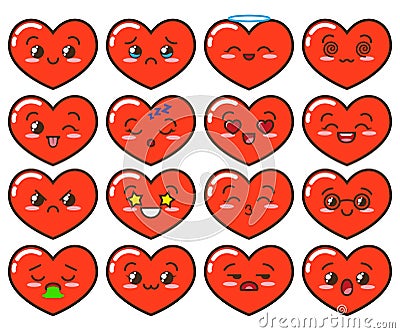 Emoji red hearts. Cute emoticons isolated on white background Vector Illustration