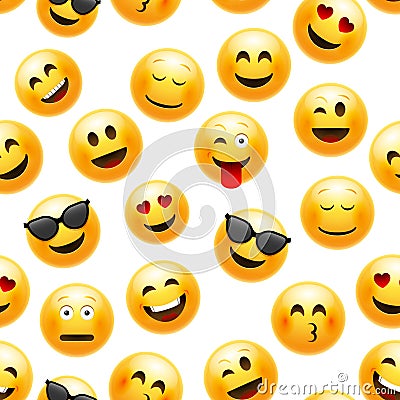 Emoji seamless pattern. Vector smiley face character illustration on white Vector Illustration