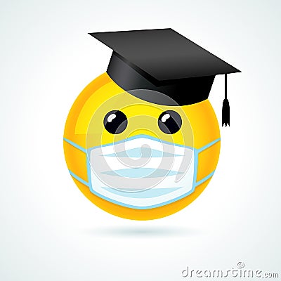 Emoji smile in academic cap & medical mask Vector Illustration