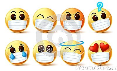 Emoji smiley with covid-19 face mask vector set. Emoji smiley with facial expressions wearing facemask Vector Illustration