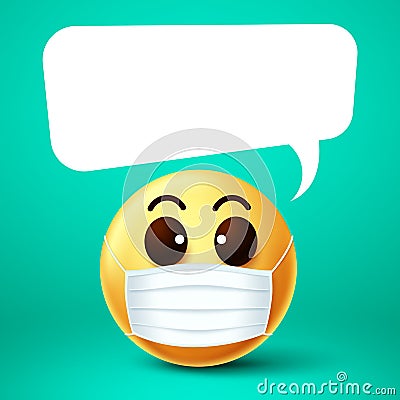 Emoji smiley face mask vector template. Emoji smiley wearing face mask with empty white speech bubble Vector Illustration