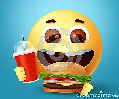 Emoji smiley happy eating fast food burger character vector design. Vector Illustration