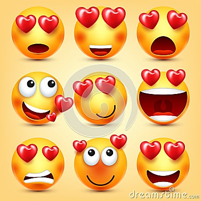 Emoji Smiley With Red Heart Vector Set. Valentines Day Yellow Cartoon Emoticons Face. Love Feeling Expression. Vector Illustration